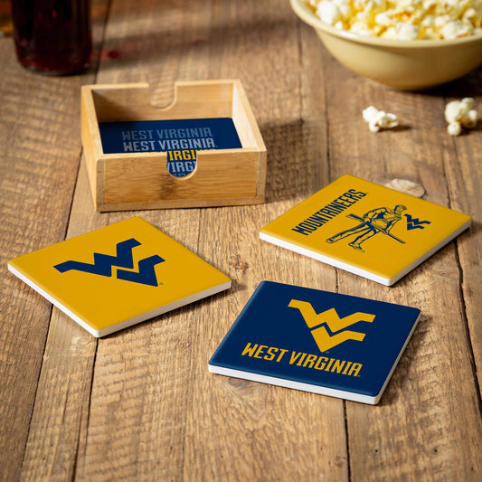 West Virginia Mountaineers Coaster Set 4 Piece with Wood Caddy